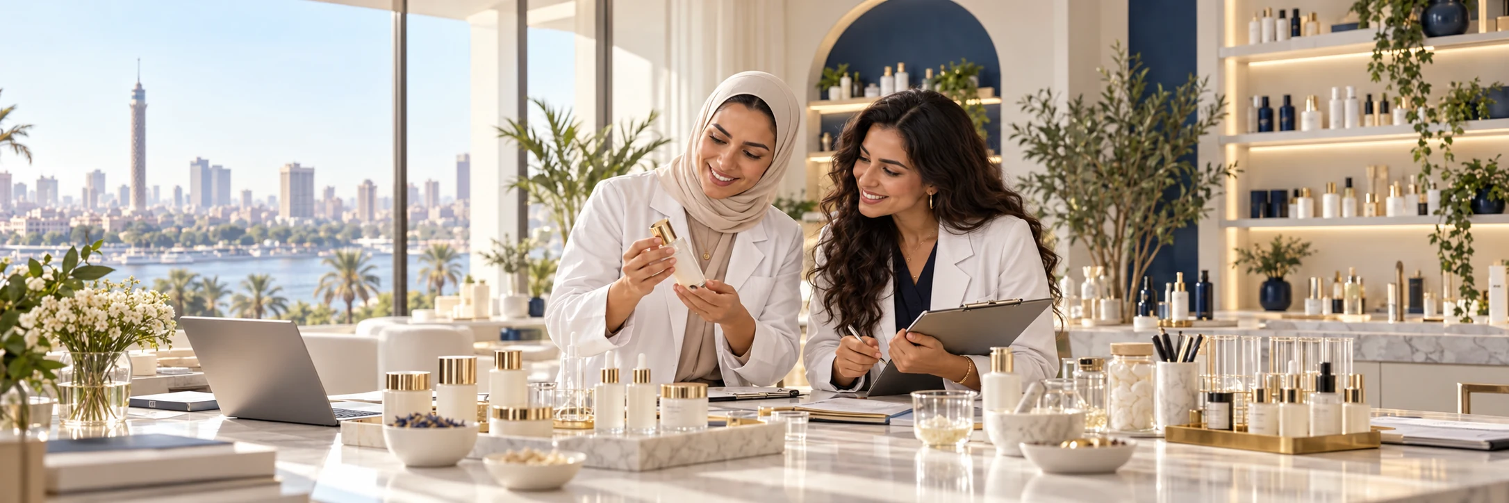 Skincare specialists reviewing products in a Cairo beauty studio
