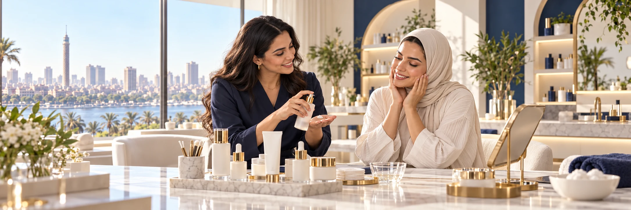 A beauty consultant guiding a customer through skincare in Cairo