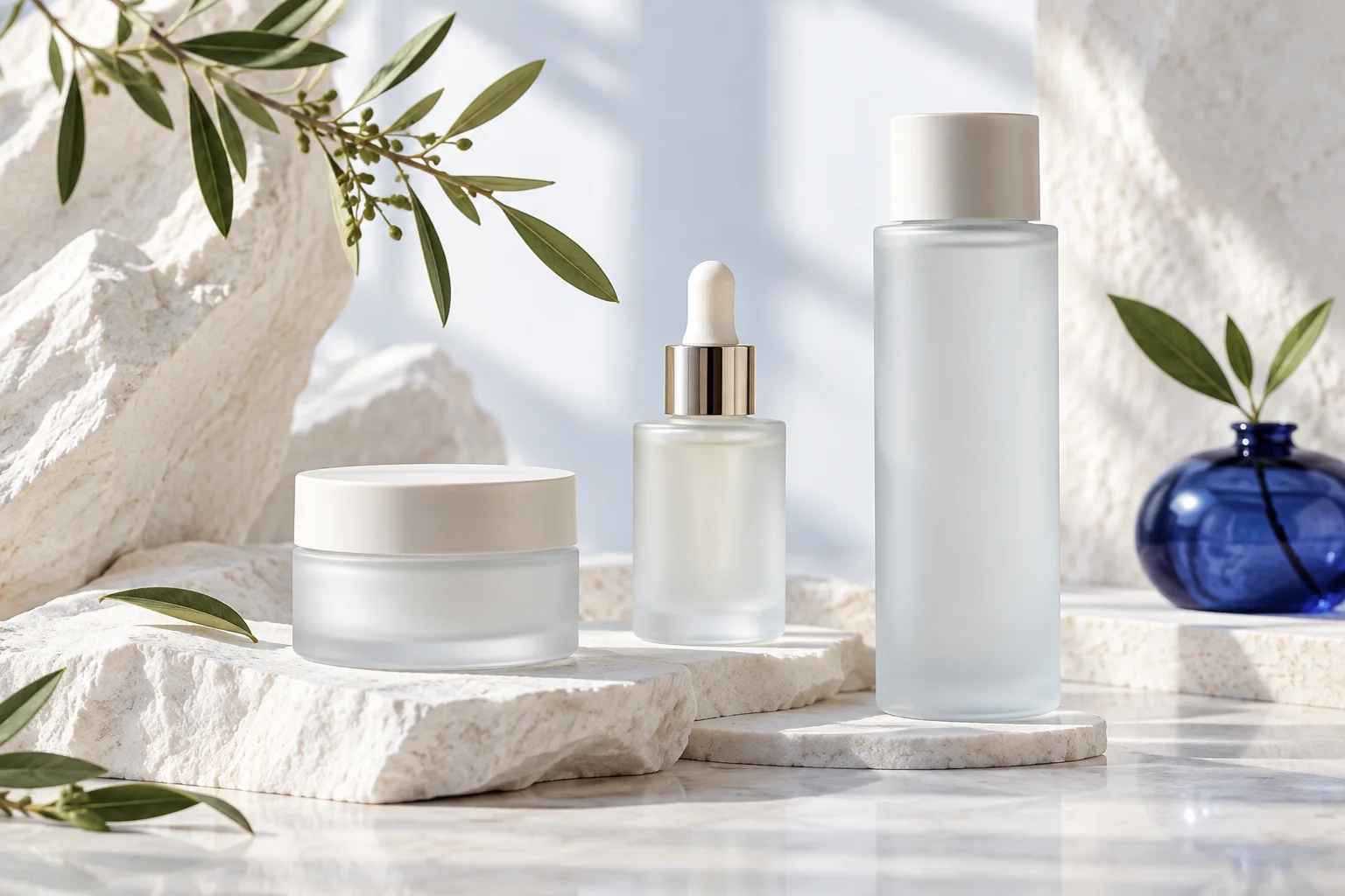 A skincare ritual with frosted bottles, olive leaves, and natural stone