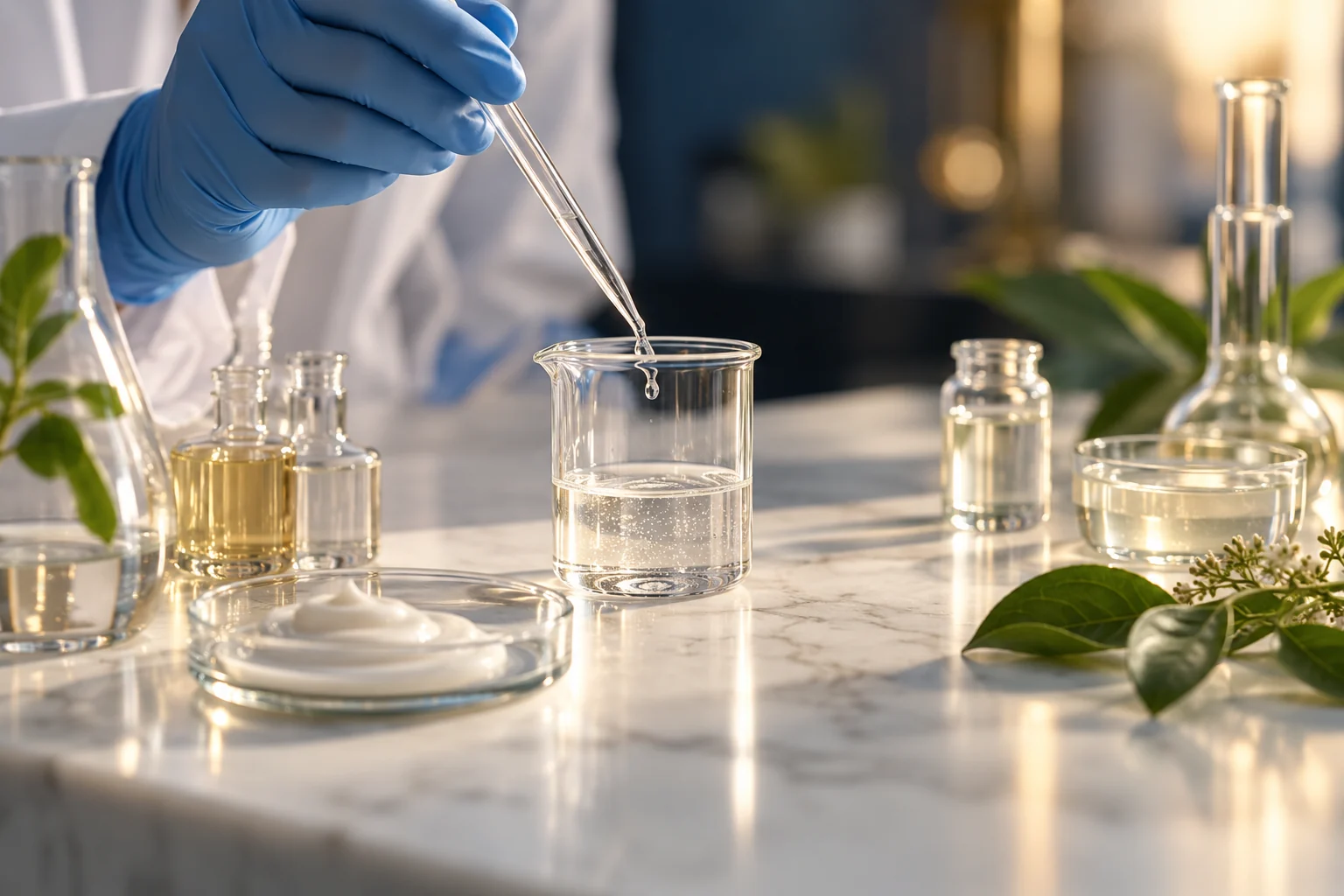 AI-generated illustration of skincare formulation with laboratory glassware