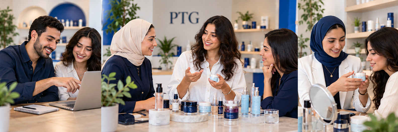 Partners discussing beauty products together in a studio